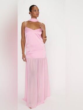 NWT Blush Pink Satin Corset Back Maxi Dress w/ Removable Scarf L/XL